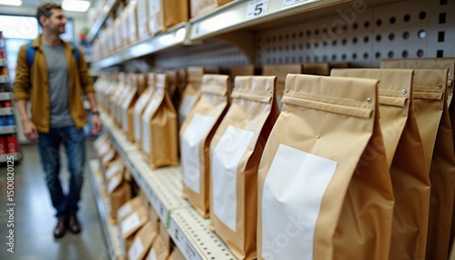 Modern pet supply store, aisle view with neatly arranged pet food and litter bags, premium packaging mockup, soft ambient lighting, professional store environment , pet food promotion
