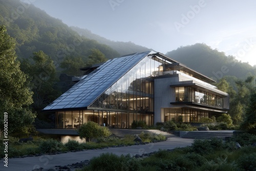 Modern building with sloped glass roof nestled in a lush, green hillside with large windows and natural light