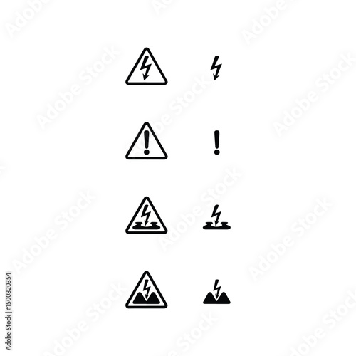 Set of Voltage Warning Sign icon vectors. Electrical hazard caution symbols collection for safety, high voltage alerts pack