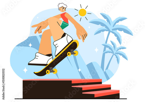 Skateboarding Vector Illustration featuring Skateboarders Jumping on a Springboard in a Skatepark, Extreme Sports Activities in a Flat Background