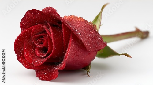A single red rose with dew drops on a plain bright white background no shadows, symbolizing love for Mother's Day, close-up shot