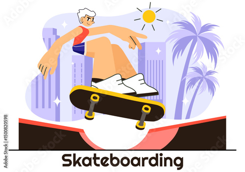 Skateboarding Vector Illustration featuring Skateboarders Jumping on a Springboard in a Skatepark, Extreme Sports Activities in a Flat Background