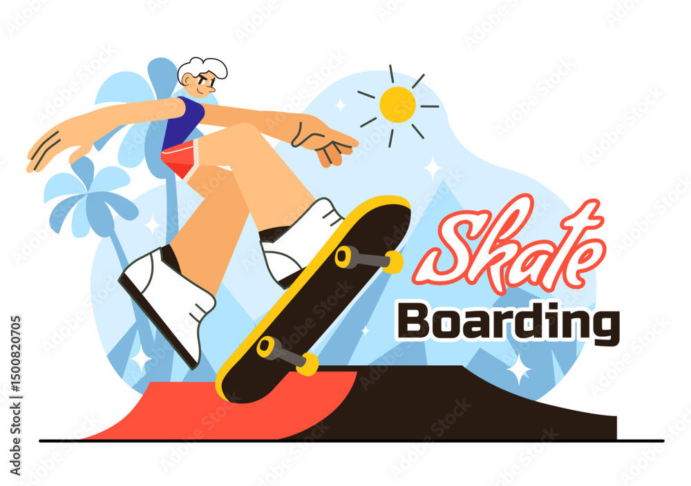 Obraz premium Skateboarding Vector Illustration featuring Skateboarders Jumping on a Springboard in a Skatepark, Extreme Sports Activities in a Flat Background