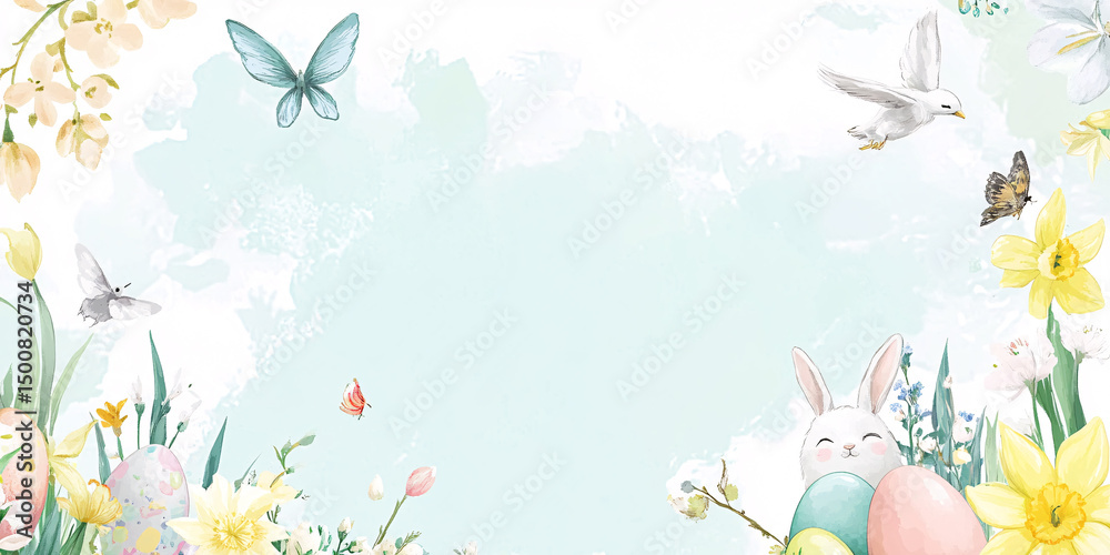 Fototapeta premium Watercolor Easter background with bunny, eggs, flowers, butterflies, and bird in pastel colors for spring holiday celebration and decoration
