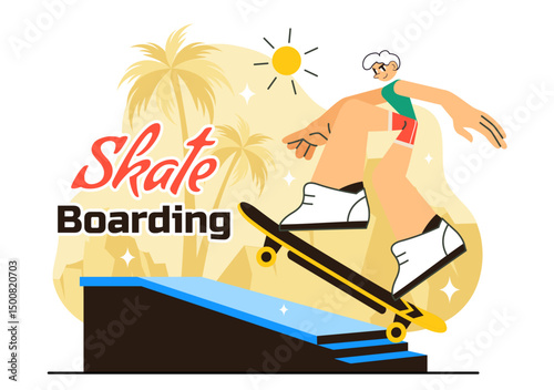 Skateboarding Vector Illustration featuring Skateboarders Jumping on a Springboard in a Skatepark, Extreme Sports Activities in a Flat Background
