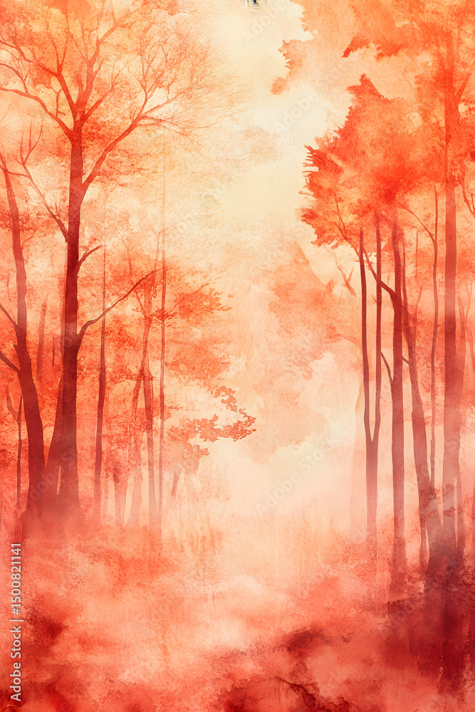Obraz premium Watercolor illustration of foggy orange forest and trees. Abstract watercolor background.
