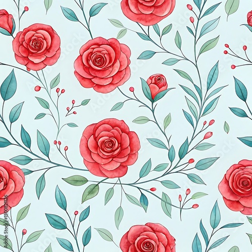 Wallpaper Mural Seamless Watercolor Pattern with Red Rose Blooms Torontodigital.ca