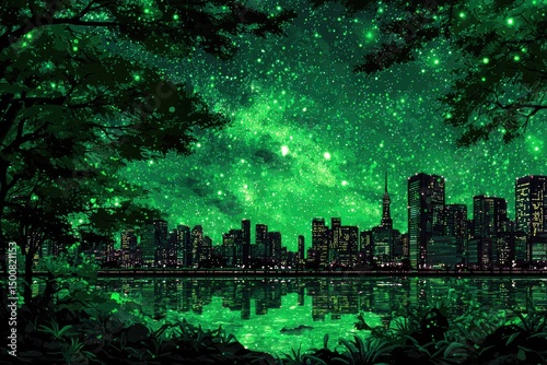 Lush green city at night under a vibrant starry sky