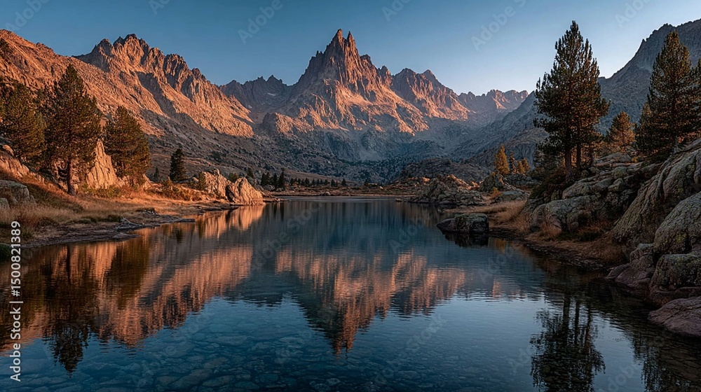 Obraz premium Mountain Panorama Sunrise with Alpine Lake/アルプス湖と日の出の山岳パノラマ8