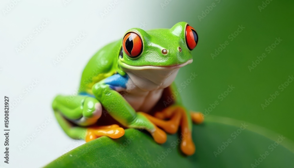 Obraz premium Green tree frog perched on white, vibrant skin, amphibian photography, skin