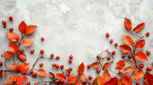 Autumn leaves and berries in top-view flat lay on a white background, forming a versatile autumn composition with copy space for various design needs.