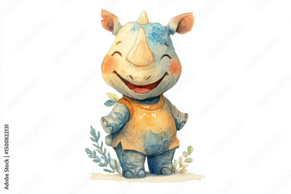 Naklejka premium Cute watercolor illustration of kid rhino doll, joyful expression