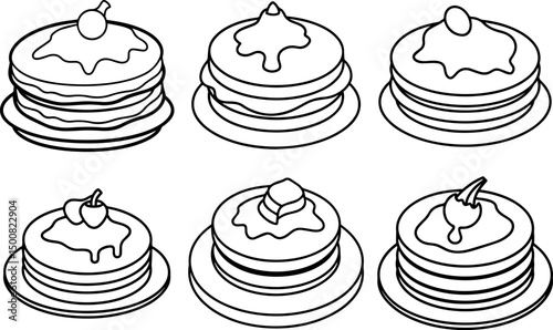 Set of breakfast pancake outline vector illustration coloring book page line art drawing