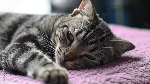 Tabby cat resting peacefully on a soft blanket