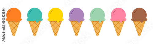 Ice cream cones on waffle many flavors desserts for summer.