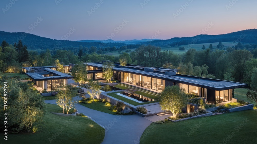 Fototapeta premium Modern home nestled amid rolling hills at dusk; sleek architecture, tranquil pond, illuminated trees