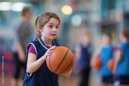 Schoolgirl practicing basketball while having PE class with sports teacher and classmates at school gym. High quality