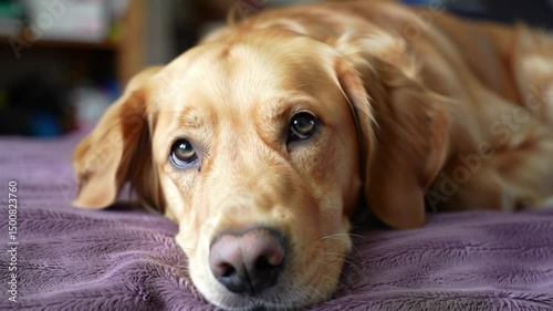 Golden retriever dog laying down with sad puppy eyes