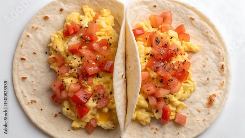 Breakfast Burrito Tacos Scrambled egg breakfast burrito with fresh diced tomato and herbs served soft flour tortillas with