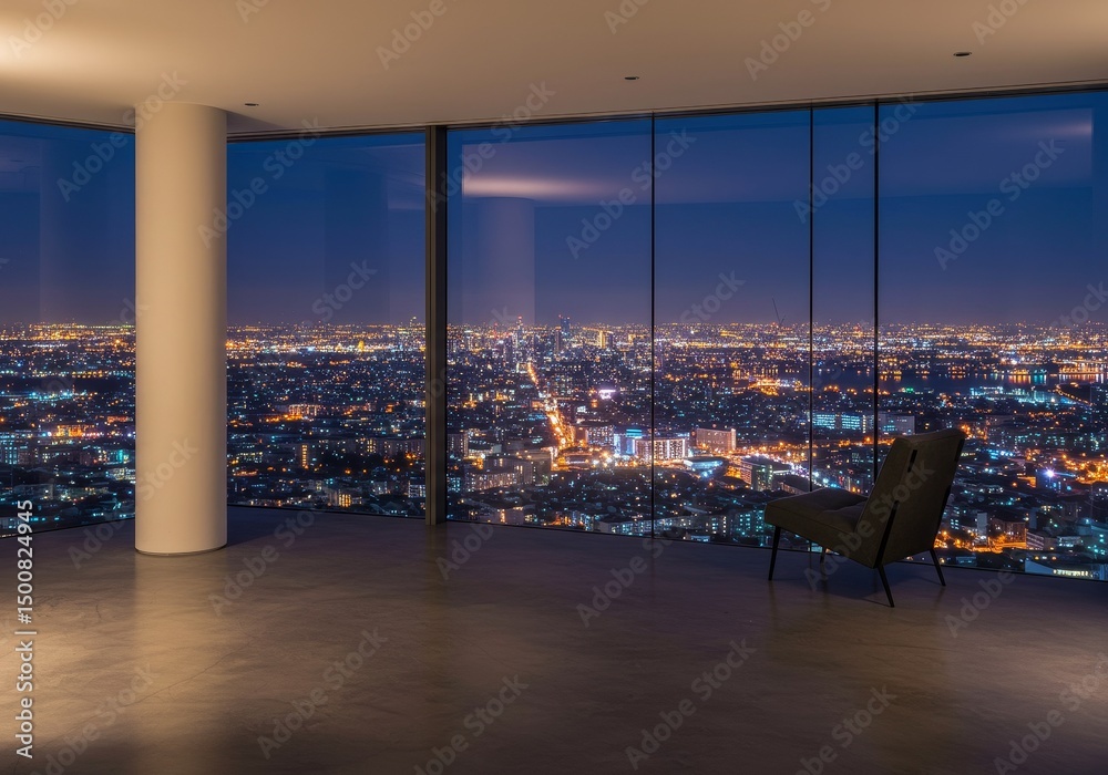 Fototapeta premium Photo of Modern Interior Night Cityscape View Through Panoramic Window with Chair