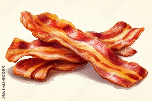 Delicious watercolor illustration of two crispy bacon strips, showcasing their rich colors and textures, perfect for food related designs