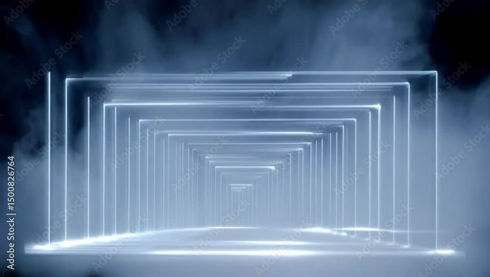 Abstract Geometric Light Structure with a Futuristic Mood, Glowing Against a Misty Background