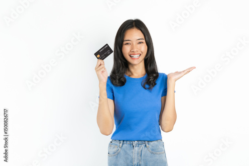 Smiling asian woman hand holding credit card on white background.