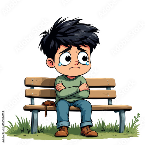 Vsai sad cartoon child crying and sitting alone on park bench
