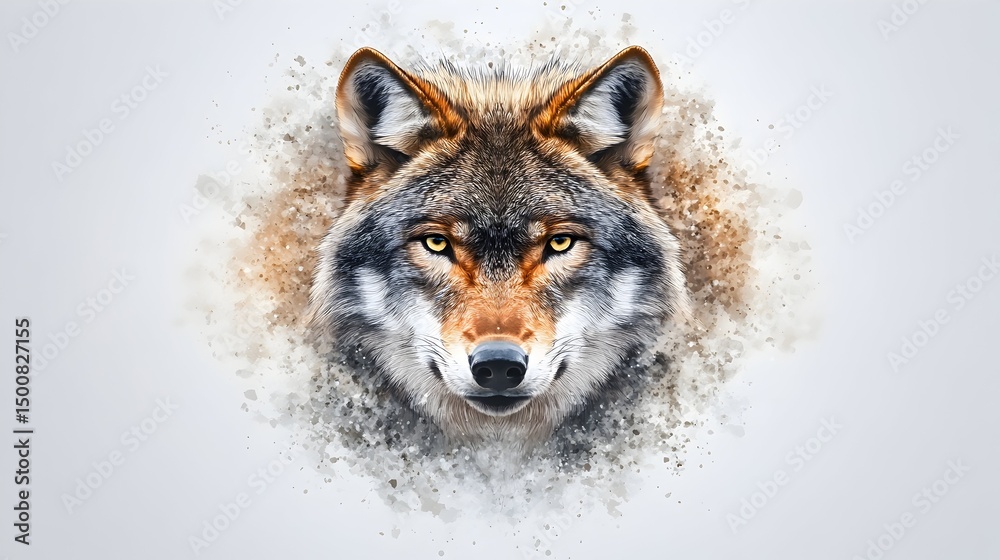 Fototapeta premium A wolf's head, intensely gazing, set against a soft, watercolor-like, earthy-toned background