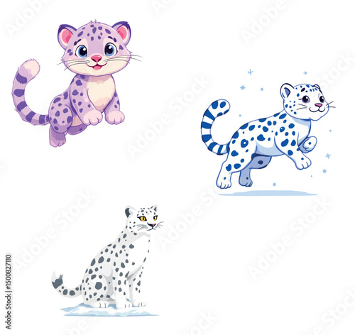 Vsai three cartoon snow leopards playing and sitting