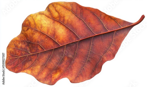 Dried autumn leaf, isolated, white background, nature detail, fall foliage, design element photo
