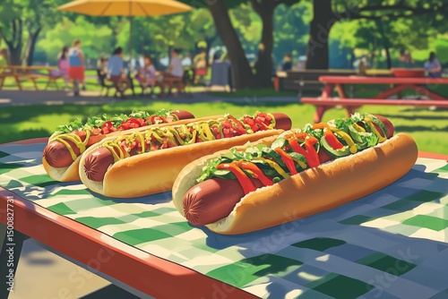 Hot Dogs With Various Toppings on a Picnic Table in a Sunny Park Setting 