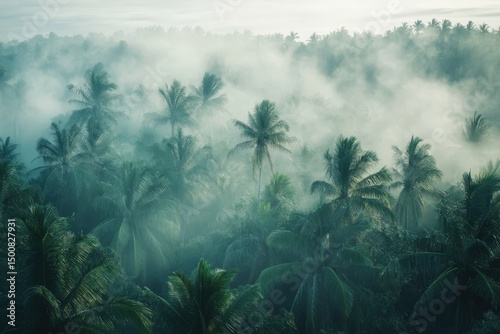 Foggy tropical forest with palm trees