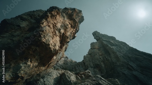 Jagged rock formations jut upwards towards a bright, high-key sky, viewed from a low angle