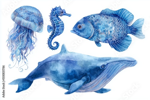Set of sea animals. Blue watercolor ocean fish, Medusa, whale, seahorse