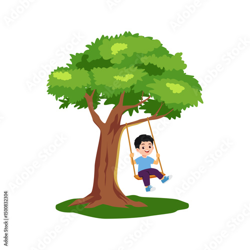 Little kids playing swing under the tree