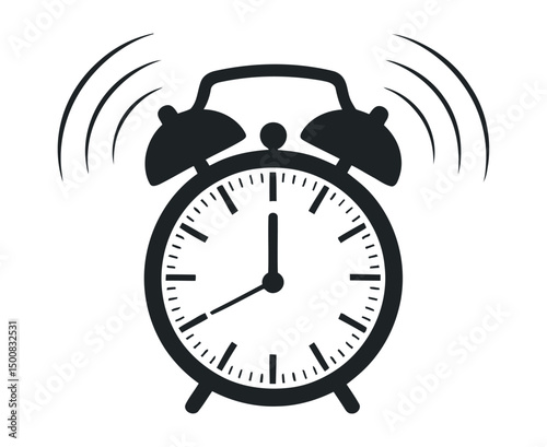 Classic Black Alarm Clock Ringing Icon Isolated on White Background