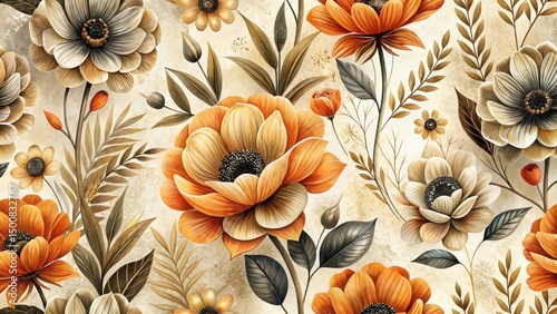 Elegant Autumnal Floral Tapestry A Rich Blend of Warm Hues and Delicate Botanical Details