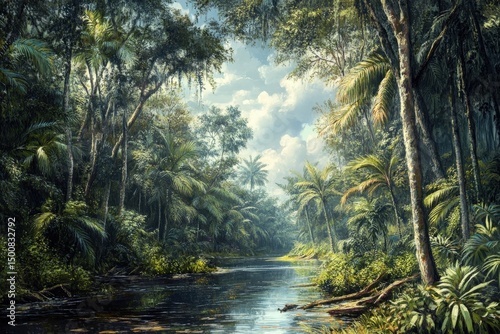 Lush jungle river with palm trees view