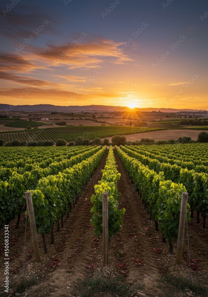 Naklejka premium Photo of Vineyard Rows at Sunset with Golden Hour Colors and Dramatic Sky