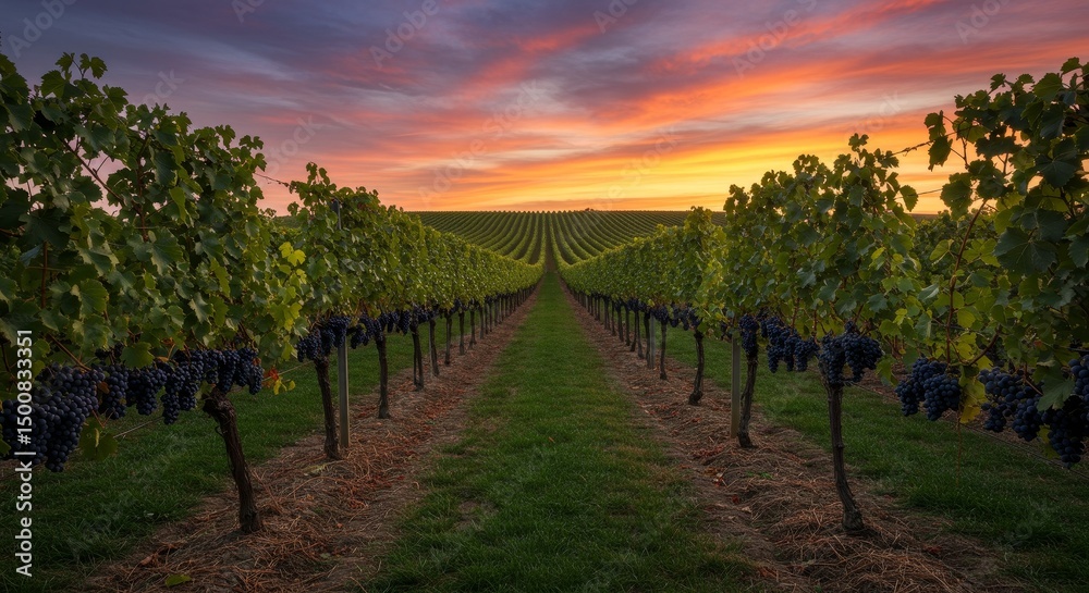 Naklejka premium Photo of Vineyard Rows At Sunset With Golden Orange And Red Hues In The Sky