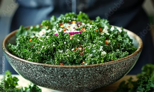 Freshly prepared kale salad with colorful toppings served in a rustic bowl, hands presenting it