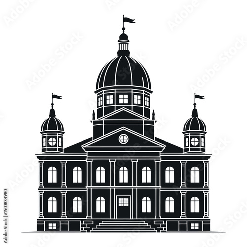 Black and White Silhouette of a Grand Classical Building with a Dome and Flags