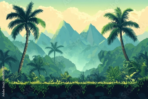 Lush jungle landscape with palm trees