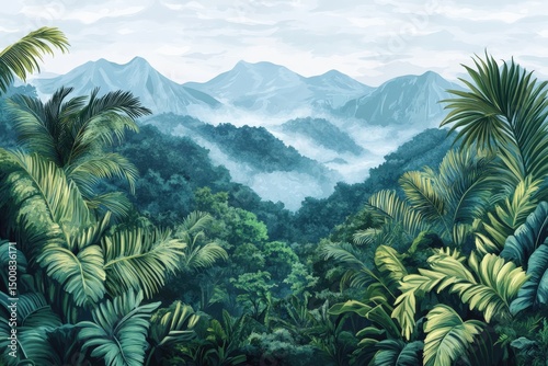 Lush jungle with misty mountain backdrop