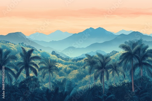 Palm trees and distant mountain range