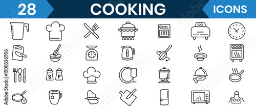 Cooking icon, kitchen, restaurant line icon, vector set design. Line lion of kitchen, restaurant. Meal, cooking, menu, restaurant, cook, chef, line, beverage, knife, cutlery. Vector illustration.