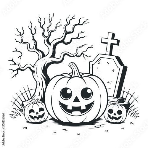 Cute Halloween Pumpkin with Gravestone and Dead Tree Illustration