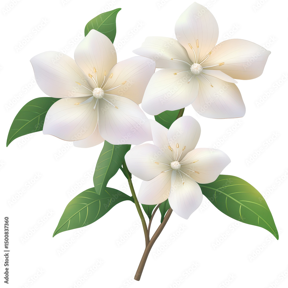 Fototapeta premium Three white flowers on a stem with leaves