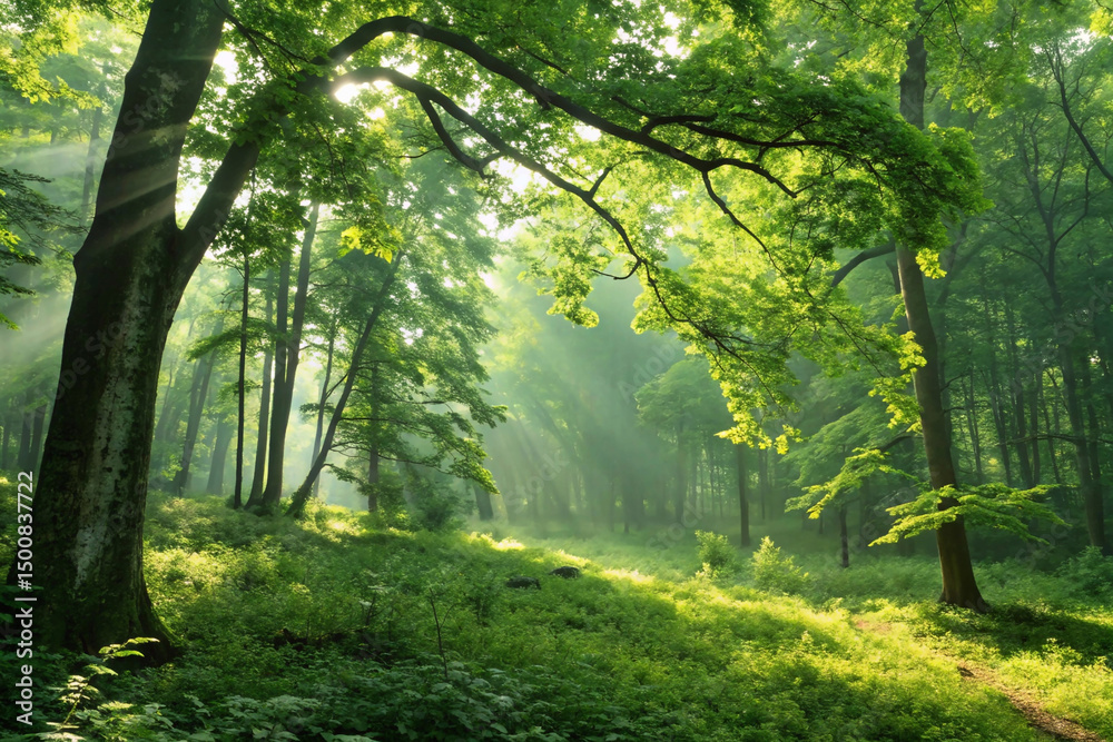 Obraz premium A lush green forest through the leaves with sunlight shining
